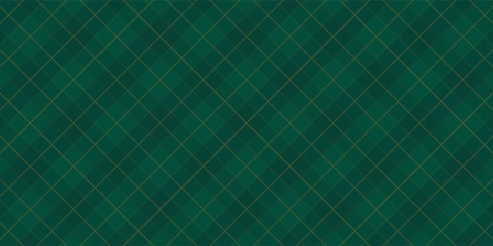 Dark Green Argyle Vector Pattern. Christmas Background. Golf Textile Print. Emerald Diamonds with Gold Accent Lines. Seamless Pattern Tile.