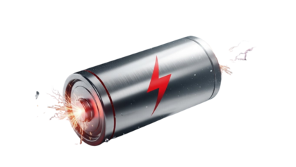 Silver battery with red lightning bolt symbol and glowing energy sparks