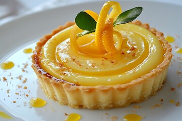 Lemon tart ring with sauce dots, citrus peel twirl, and elegant garnish on white modern plate 