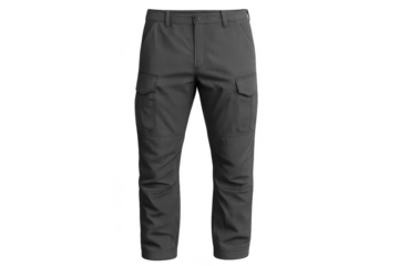 Durable dark gray cargo pants isolated on transparent background, casual style.