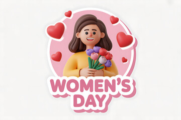 Celebrate Women's Day with this adorable 3D character holding flowers and surrounded by love hearts, perfect for a heartwarming greeting or empowering message