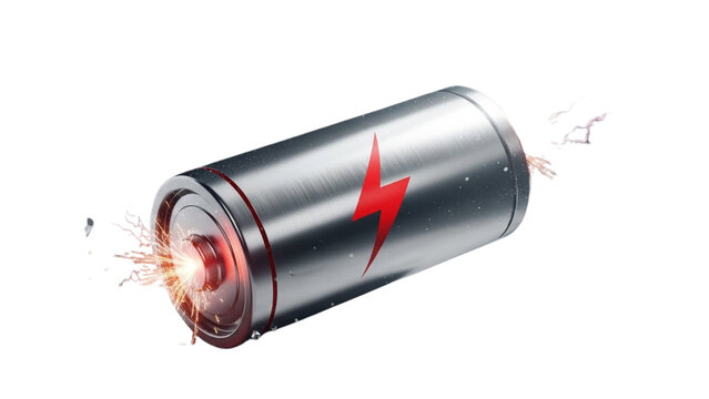 Silver battery with red lightning bolt symbol and glowing energy sparks