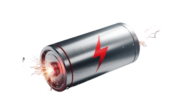 Silver battery with red lightning bolt symbol and glowing energy sparks