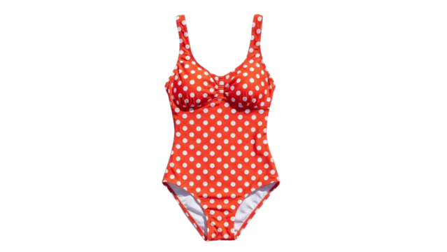 Retro red and white polka dot one piece swimsuit on black background