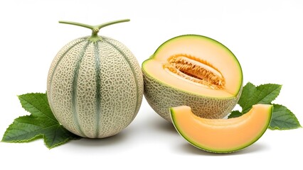 Fresh cantaloupe melon whole halved and sliced on white background