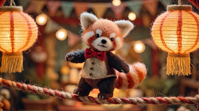 Red panda toy balancing on a rope with lanterns