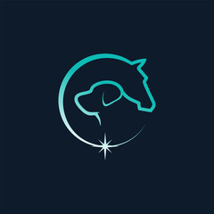 A creative veterinary logo concept featuring a horse and a dog in a circular emblem with a sparkling star, symbolizing animal care