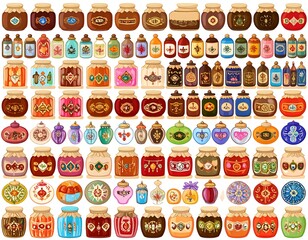 A vibrant collection of stylized jars and bottles with various shapes and colorful labels