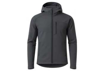 Modern dark grey men's hooded jacket isolated on transparent background.