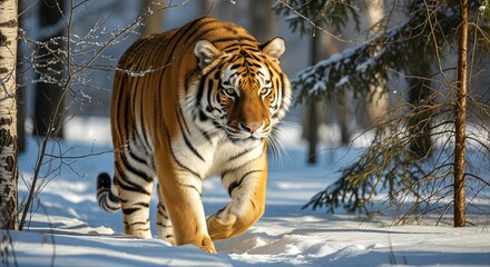 Majestic Siberian tiger walking through a snowy winter forest.