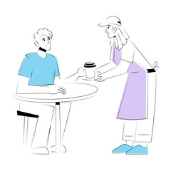 Hand drawn style illustration showing a person serving coffee