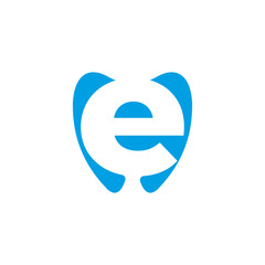 Creative initial letter E logo design integrated into a simple tooth shape. This abstract blue icon is a concept for a dental clinic, oral healthcare, or dentistry branding
