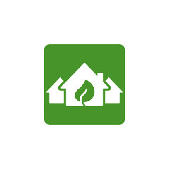 Vector icon of eco-friendly houses with a leaf symbol, representing green energy, sustainable living, and ecological real estate