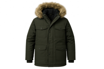 Stylish dark green winter parka with fur-trimmed hood, isolated on transparent background.