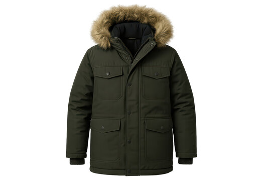 Stylish dark green winter parka with fur-trimmed hood, isolated on transparent background.