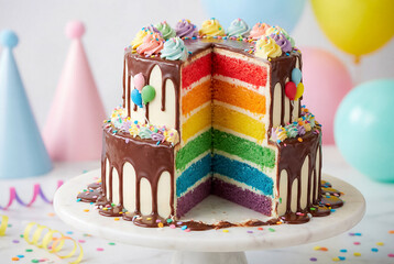 A stunning double-tier rainbow layer cake is adorned with rich chocolate drip icing and colorful piped frosting swirls, set against a cheerful party backdrop. 