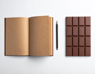 Notebook, pencil, and chocolate bar on white surface