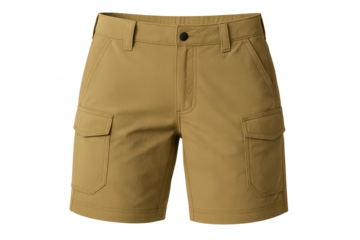 Khaki cargo shorts for men, isolated on a clean transparent background.