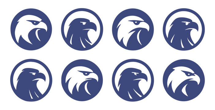 Eagle head emblems in circular frames with sharp shapes and strong profiles. Each version shows power and focused expression. Clean lines provide bold visual identity options