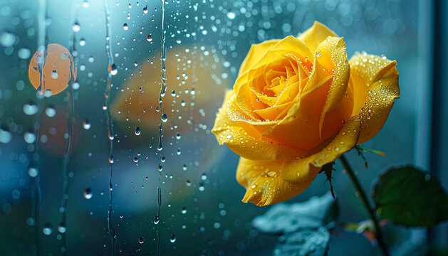 Yellow rose outside rainy window with soft cinematic focus and emotional mood
