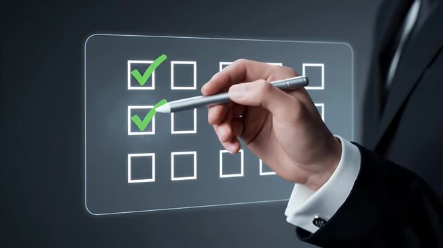 Close Up Of Hand In Suit Checking Off Items On Digital Checklist Against Dark Gradient Background Illustrating Business Compliance And Task Completion