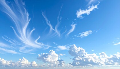 Bright blue sky with wispy cirrus clouds and puffy cumulus at the horizon