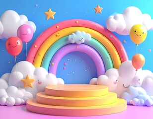 A vibrant, colorful cartoon scene features a rainbow, fluffy clouds, smiling balloons, stars, and a tiered platform