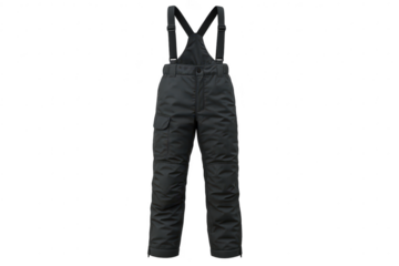 Dark grey snow bib ski pants with suspenders, isolated on transparent background