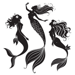 Black mermaids and sirens Silhouette Vector, High Quality Illustration on White Background