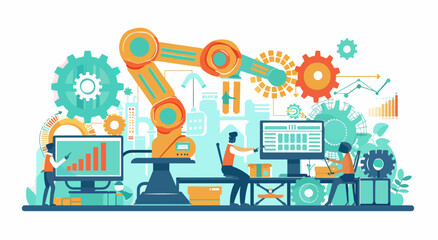 Engineers work on computer screens with graphs near a robotic arm in a scene portraying the future of automation, technology, and data.