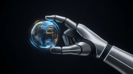 A minimalist 3D render of a clean, metallic robotic or prosthetic hand gently holding a glowing