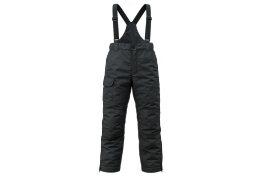 Dark grey snow bib ski pants with suspenders, isolated on transparent background