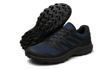 Stylish dark blue and black trail running shoes isolated on transparent background