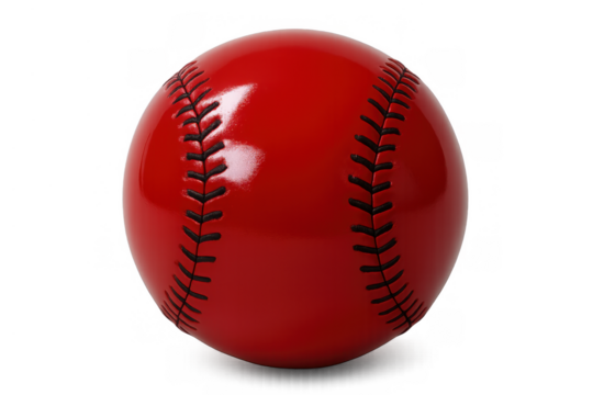 Baseball red ball with black stitching featuring a glossy finish on a transparent background for sports concepts