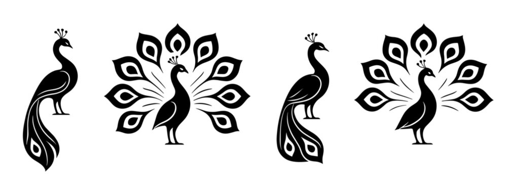 Peacock silhouettes show standing poses with wide decorative fan tails. Each figure emphasizes ornate feather shapes and elegant bird posture. The silhouettes have very high quality