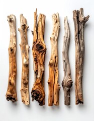 Close-up of seven weathered pieces of driftwood