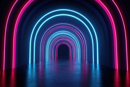 Infinite arched tunnel glowing with pink and blue neon light