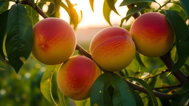 Ripe peaches on a tree branch at sunset
