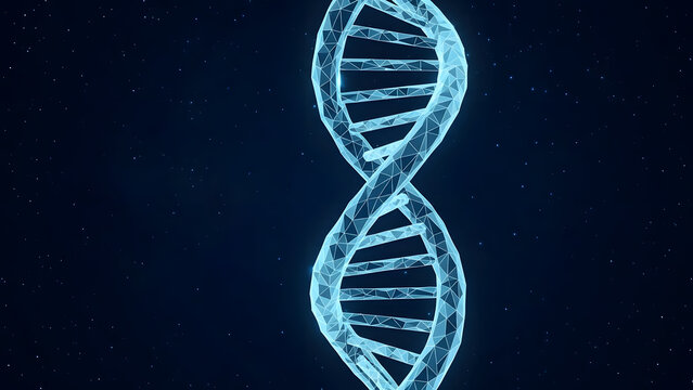 Abstract glowing blue dna double helix structure against a dark background with subtle particles - Powered by Adobe