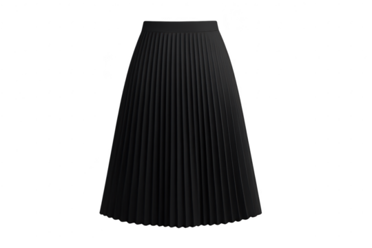 Elegant black pleated midi skirt, perfectly isolated on transparent background