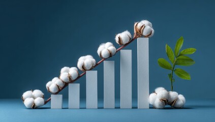 Cotton bolls ascend a rising bar graph beside a growing green plant