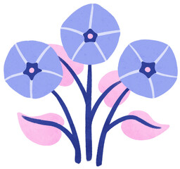 Isolated purple flowers with pink leaves illustration. Cute floral doodle for invitation, floral arrangement, journaling, planner, greeting card, and decorative projects.