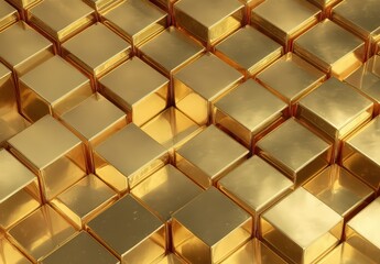 Reflective golden cubes arranged in a staggered, textured grid pattern