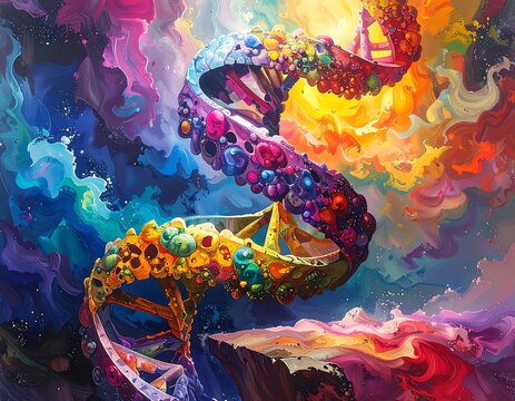 A vibrant, colorful depiction of a double helix structure against a swirling, multi-hued background. The artwork has a textured, painted appearance