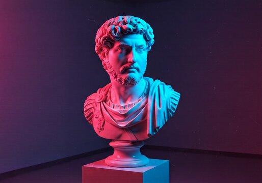 Marcus Aurelius bust sculpture illuminated with vibrant magenta and cyan neon split lighting, standing on a minimalist pedestal against a dark aesthetic background.