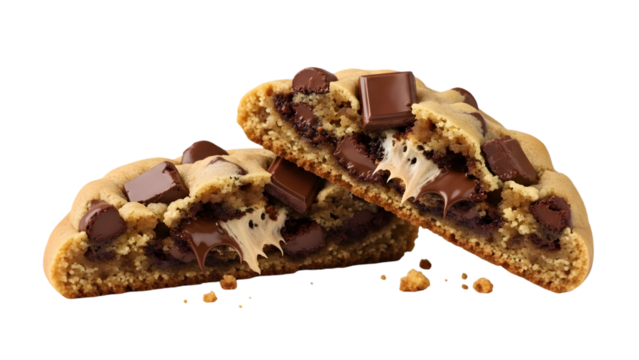 chocolate chip cookie broken in half, isolated on white background