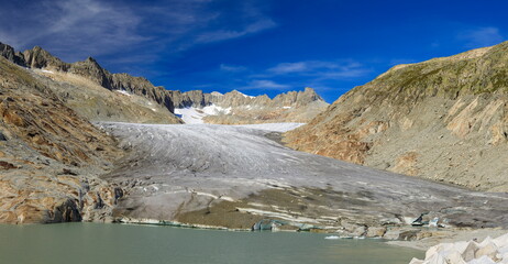 Panoramic View Rh?ne Glacier and Meltwater Lake Under Blue Sky
