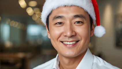 Portrait of Happy corean Businessman Wearing Santa Hat in Office
