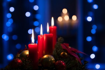 Advent Wreath with Lit Candles and Decorations - Christmas Celebration