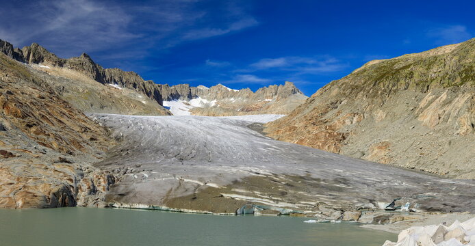Panoramic View Rh?ne Glacier and Meltwater Lake Under Blue Sky